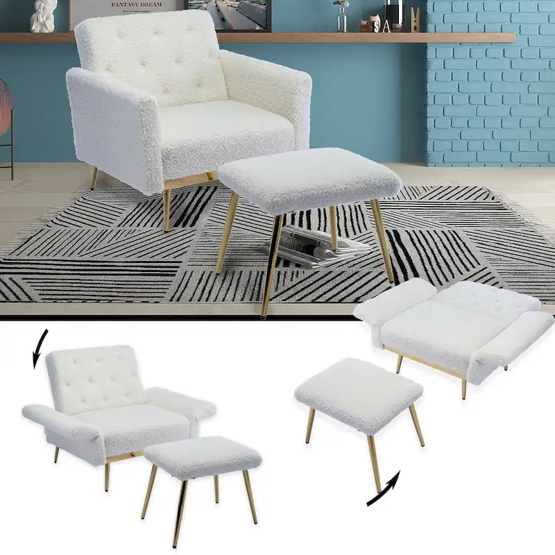 Velvet Tufted Convertible Armchair with Adjustable Backrest & Ottoman – Single