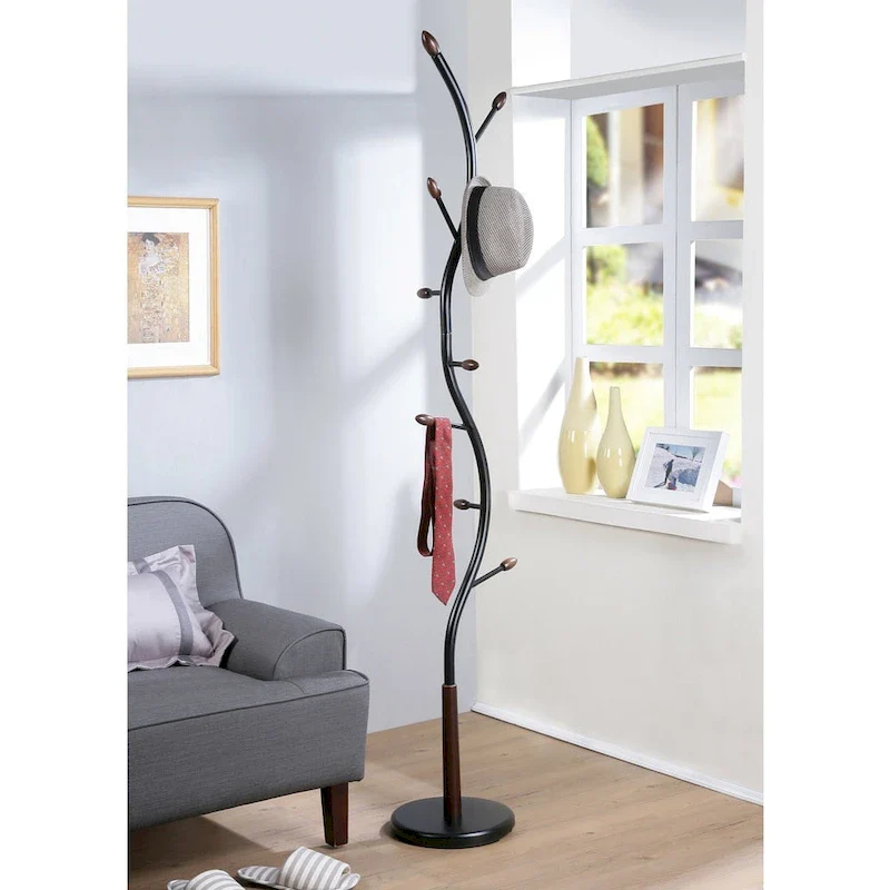 Metal Standing Coat Rack with Wood Hook Ends – Black / White, Branch Style, 9 Hooks