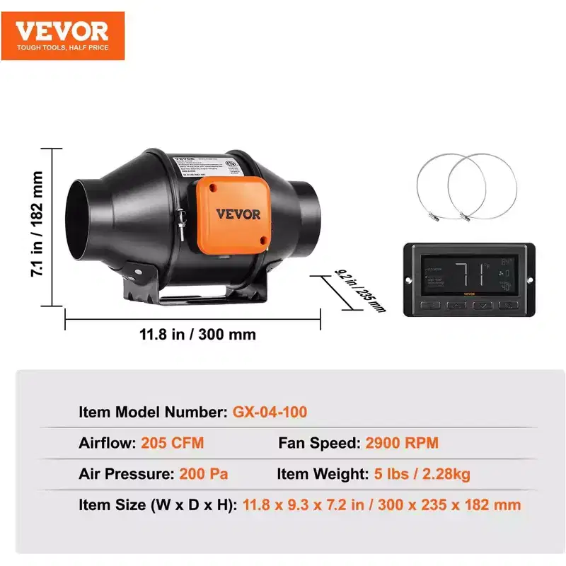 VEVOR 4-Inch 205 CFM Quiet EC-Motor Inline Duct Fan with Temperature Humidity Controller for Grow Tents, Hydroponics, Cooling Boosting