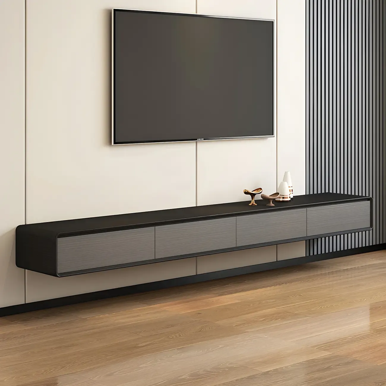 Natural Long Wood Floating TV Stand Media Consoles