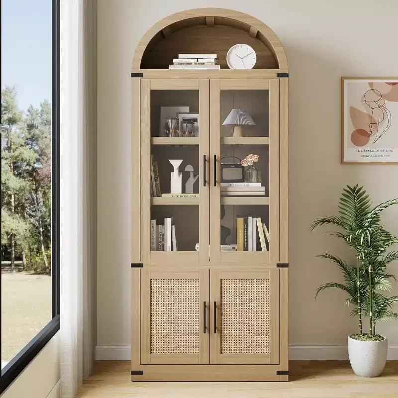 Arched Bookcase with Doors Modern 6-Tier Bookshelf with Storage Wooden Display Cabinet Farmhouse Storage Shelves for Living Room, Kitchen, Office