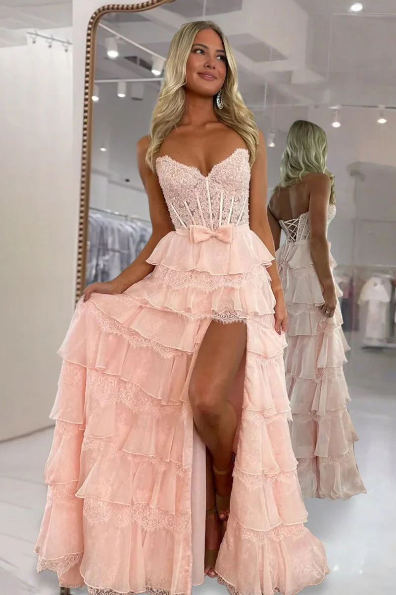 Pink - Strapless A Line Chiffon Tiered Prom Dresses With Bow