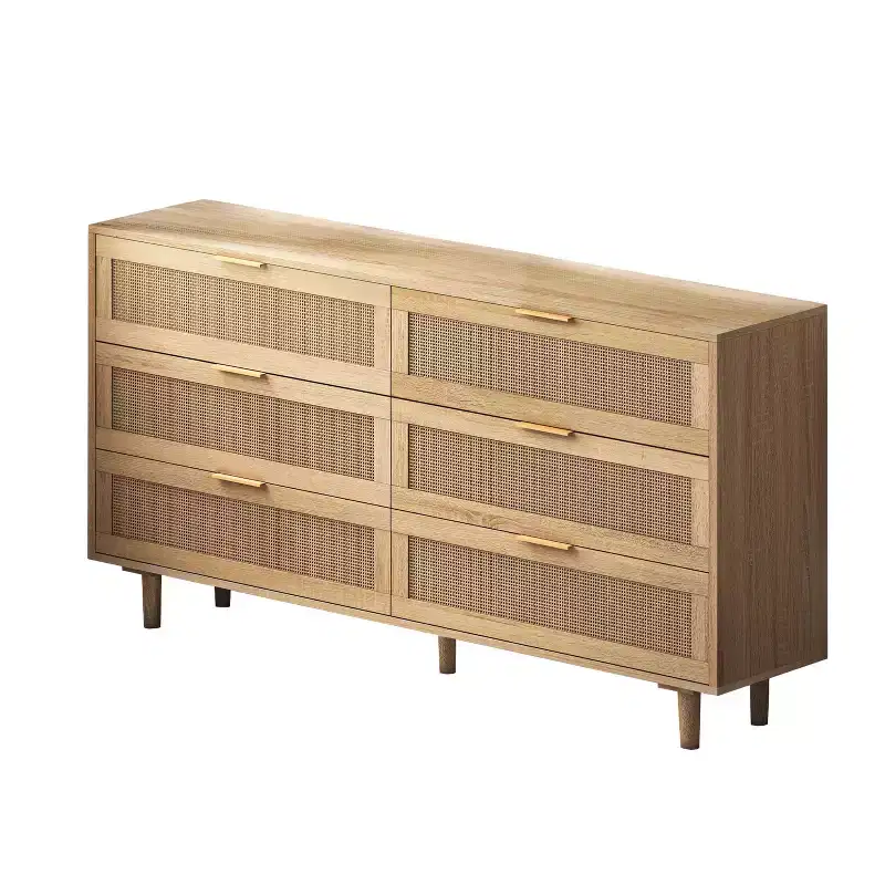 Homy Casa 6 Drawer Rattan Storage Cabinet with Wood Frame and Brass Handles, Natural Oak