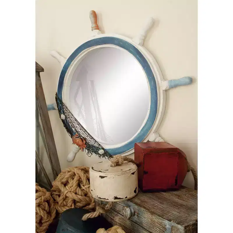 Wood Sail Boat Ship Wheel Wall Mirror with Netting Accent White - Olivia & May: Nautical Decor, Round Shape, No Assembly Required