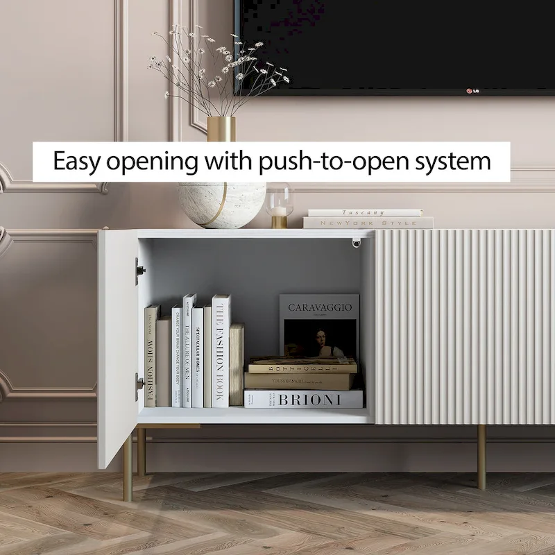 Beige TV Stand Console with Metal Legs – Art Deco Design, Fits TVs up to 65 in.