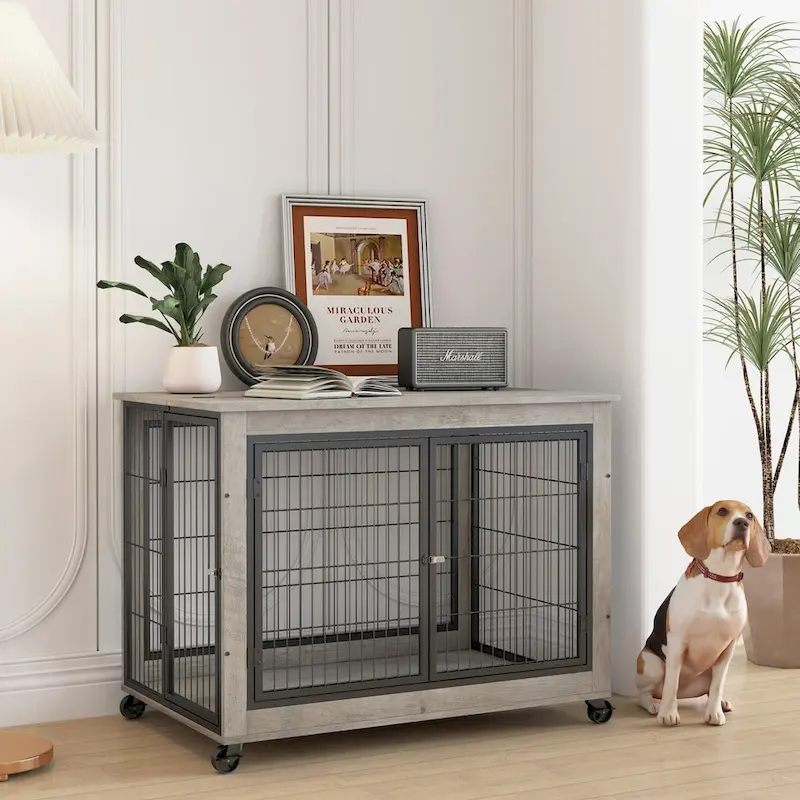 Furniture Style Dog Crate Side Table on Wheels with Double Doors and Lift Top,Grey,38.58 w x 25.5 d x 27.36 h