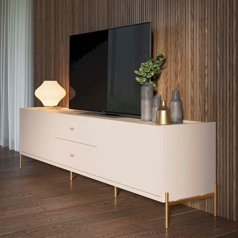 Off-White & Oak TV Console, 2 Doors & 2 Drawers, Gold Legs
