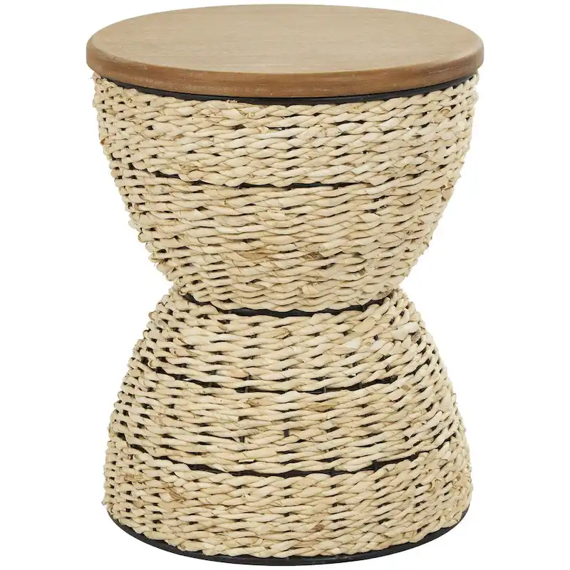 Rattan Handmade Woven Side End Accent Table, Wood Tabletop, Black Frame - Light Brown or Brown