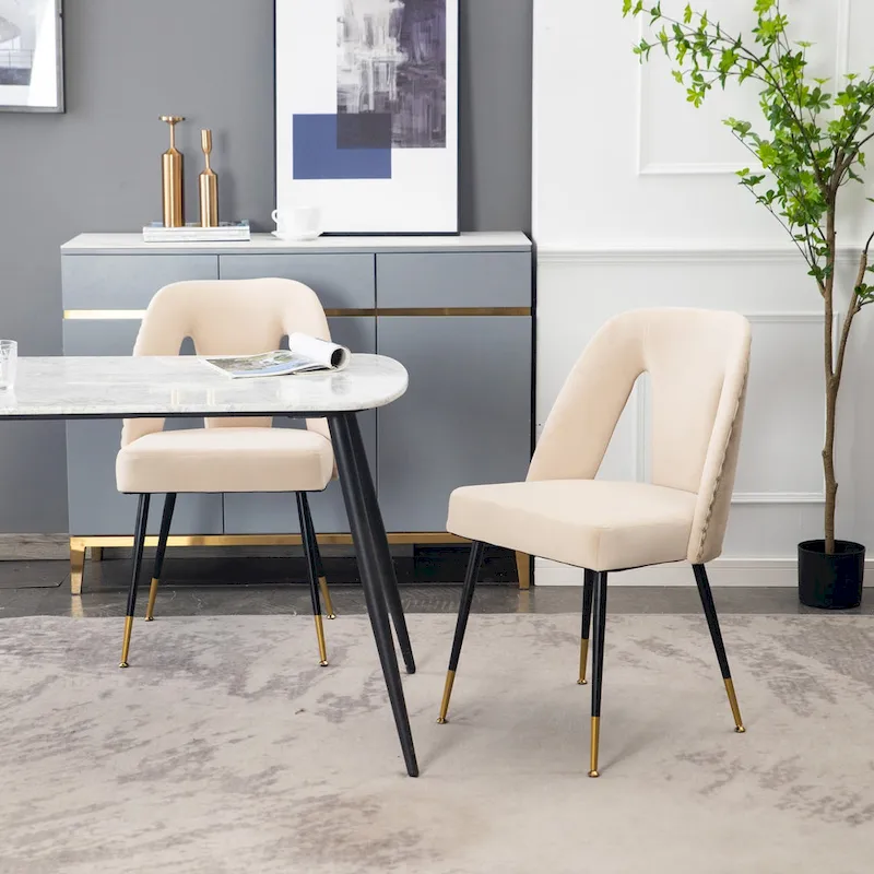 Set of 2 Velvet Upholstered Dining Chair with Nailheads and Metal Legs