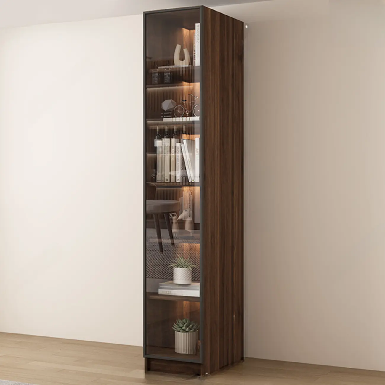 Large Modern Brown Cocoa Wood Bookcase with Glass Doors