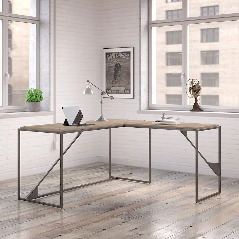 Rustic Gray L Shaped Industrial Desk with Steel Frame for Adults