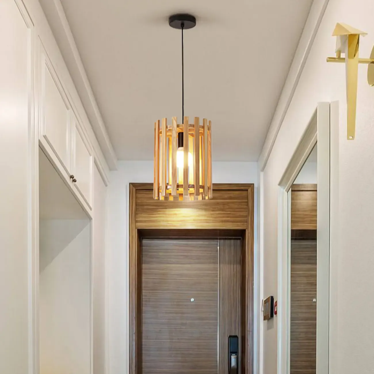 Adjustable Height Rustic Cylinder Wooden Pendant Light