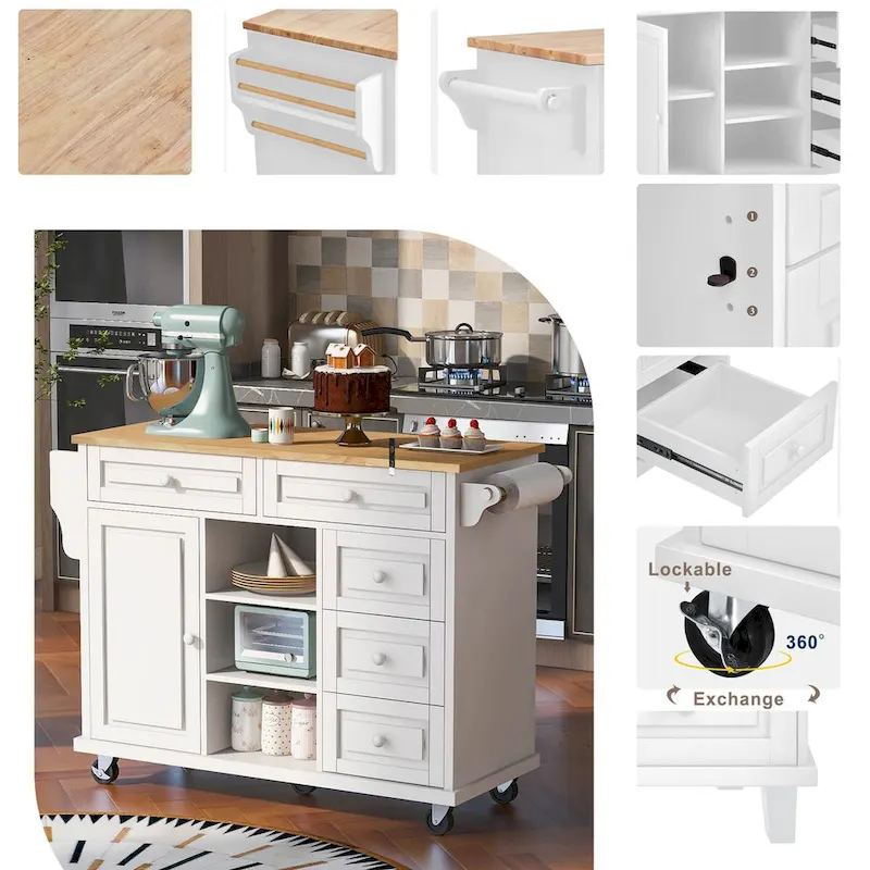 Rubber Wood Desktop Kitchen Cart Featuring Five Drawers, Concealed Cabinet, Adjustable Shelves and Smooth Rolling Wheels