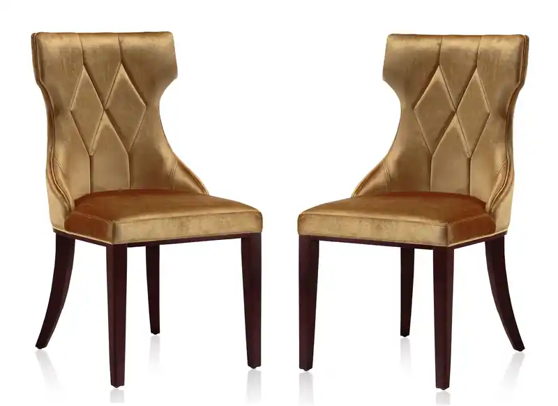 Set of 2 Velvet Dining Chairs with Antique Gold Frame & Walnut Legs, Modern Glam