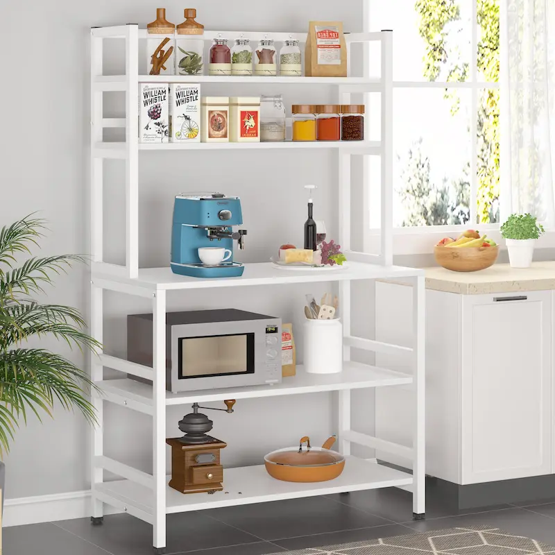 Brown/ Black Kitchen Bakers Rack Industrial Microwave Oven Stand,White 5-Tier Utility Storage Shelf,Kitchen Stand with Hutch