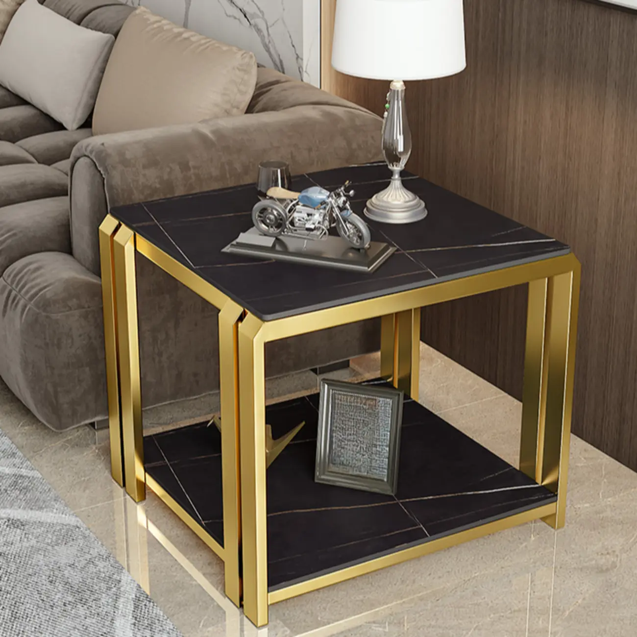 Gold-Black 2-Tier Stone Top Square Metal Frame Side Table
