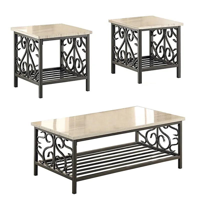 3 Piece Faux Marble Top Table Set With Decorative Metal Frame, Cream & Gray