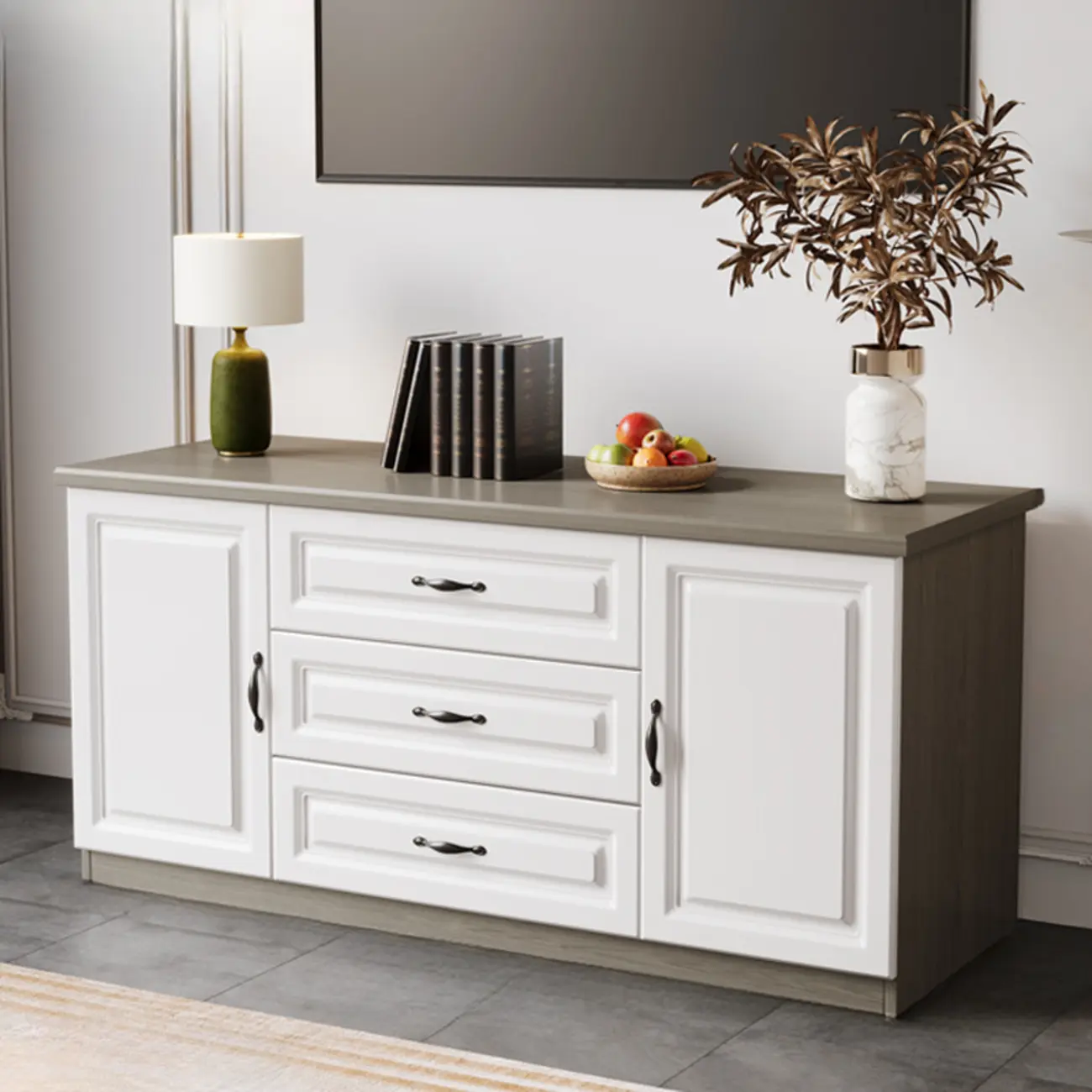 Modern Long Wood TV Stand with Cabinets