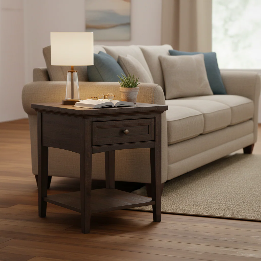 Graphite Rectangular End Table with Drawer, Wood Shelf and Aged Pewter Hardware – 20 in