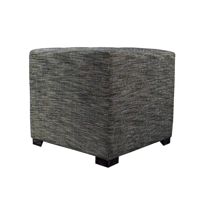 Square Button-Tufted Cotton Ottoman – Espresso / Grey / Aqua, Wood Legs, Single