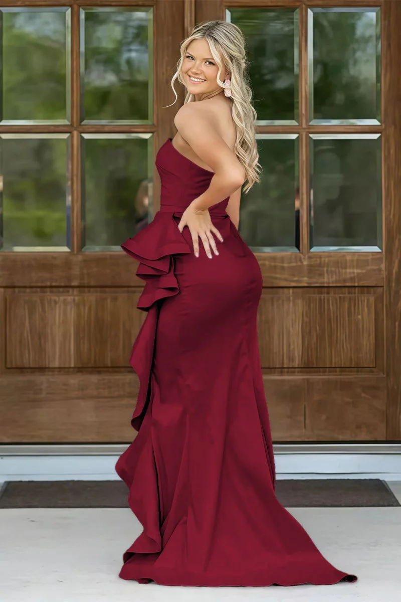 Pink Mermaid Strapless Satin Ruffled Long Prom Dresses with Slit