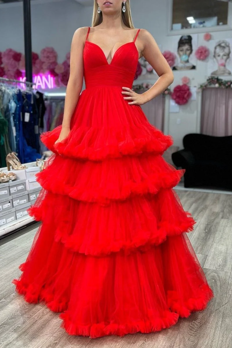 A-line V-Neck Tulle Prom Dress with Tiered Ruffles