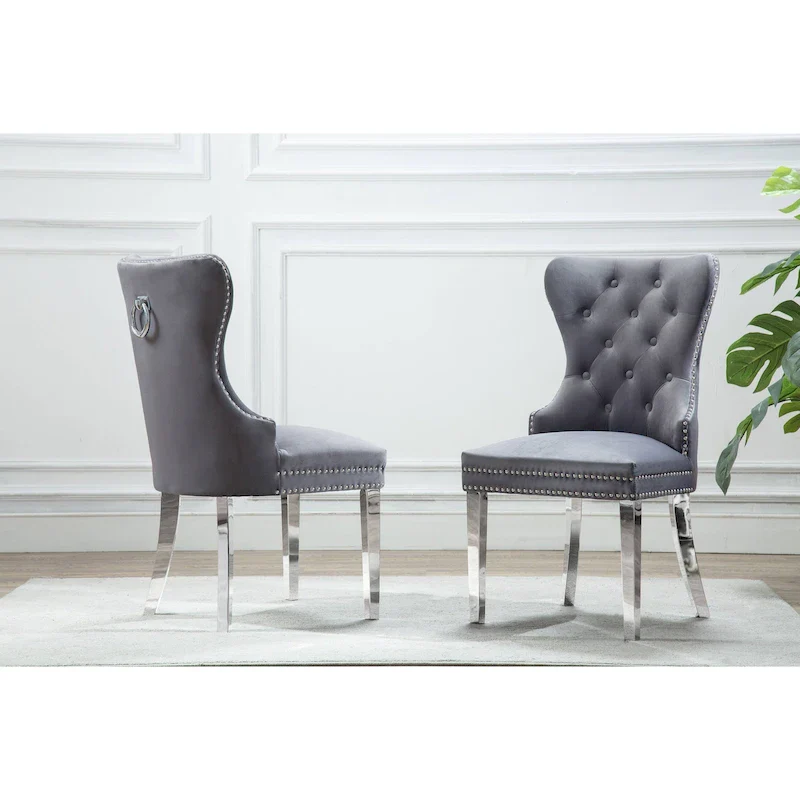 Wingback Button-Tufted Dining Chairs with Nailhead Trim & Steel Frame – Black / Grey / Cream / Navy Blue / White Faux Leather