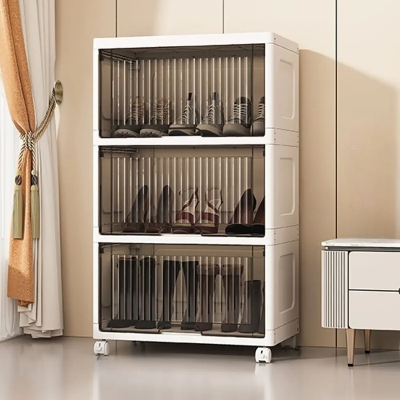 Hallway White Plastic Drop-Front Shoe Cabinet with Casters