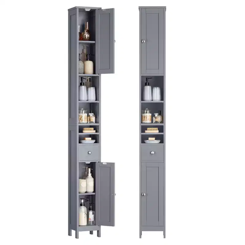 VASAGLE Tall Bathroom Cabinet, Slim Freestanding Bathroom Storage Cabinet with Adjustable Shelves, Drawer, Open Compartments, Dove Gray