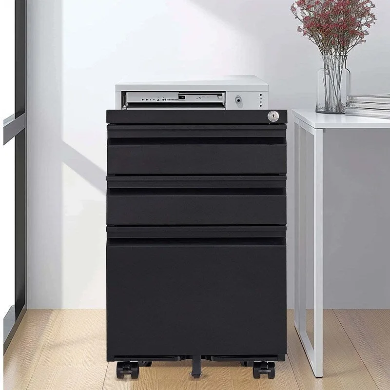Black/White Steel Mobile Filing Cabinet with 3 Lockable Drawers & 5 Casters