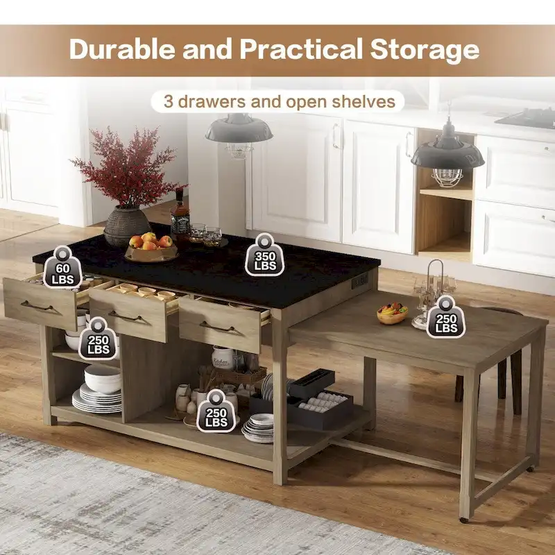 Extendable Kitchen Island with Power Outlets - Distressed Wood