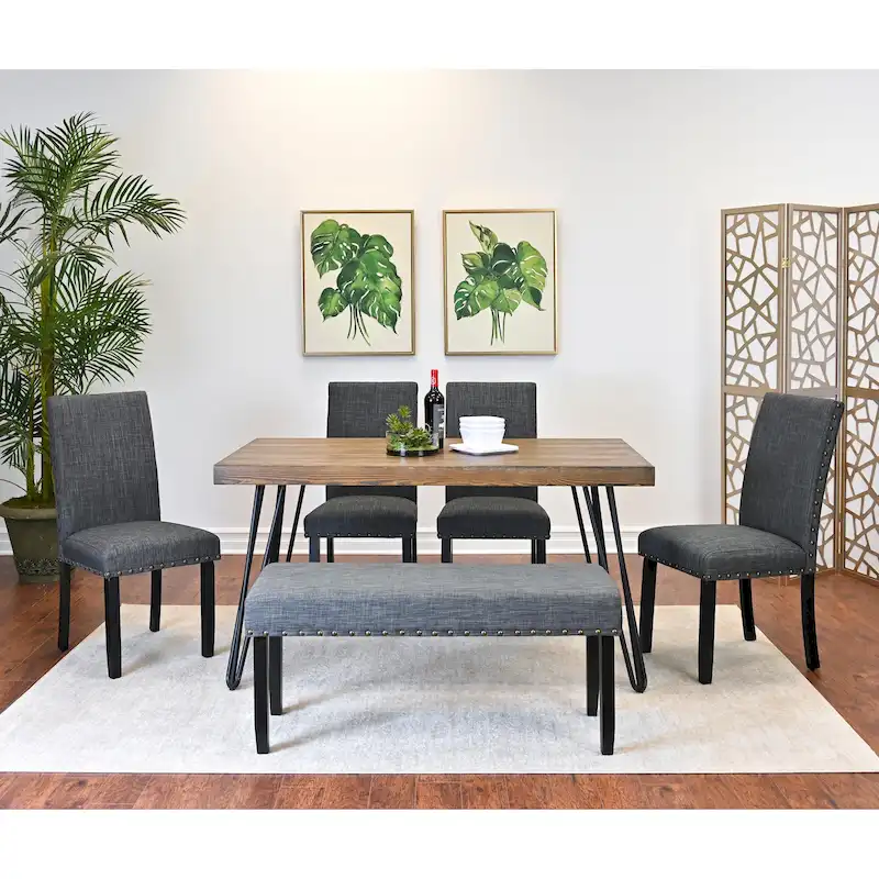 Roundhill Furniture Amisos 6-Piece Dining Set, Hairpin Dining Table with 4 Chairs and Upholstery Bench
