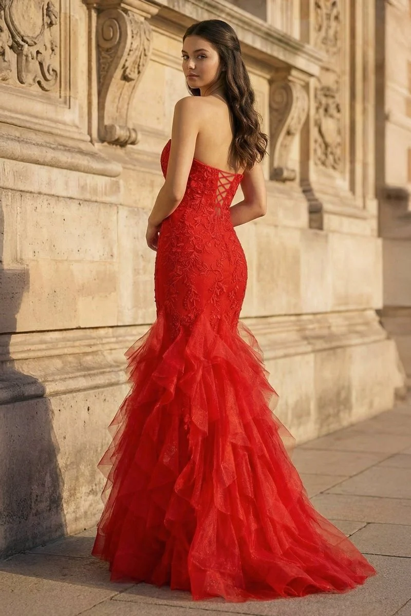 Strapless Mermaid Red Lace Long Prom Dresses with Ruffles