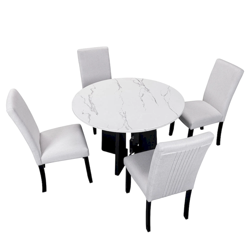 5 Piece Kitchen Table and Chairs Set, 4 People Round Dining Table Set, 4 Upholstered Chairs with Rubber Wood Legs