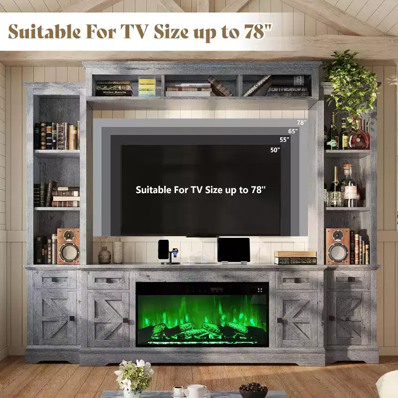 Gray & White Farmhouse Entertainment Center with Fireplace, Fits up to 78