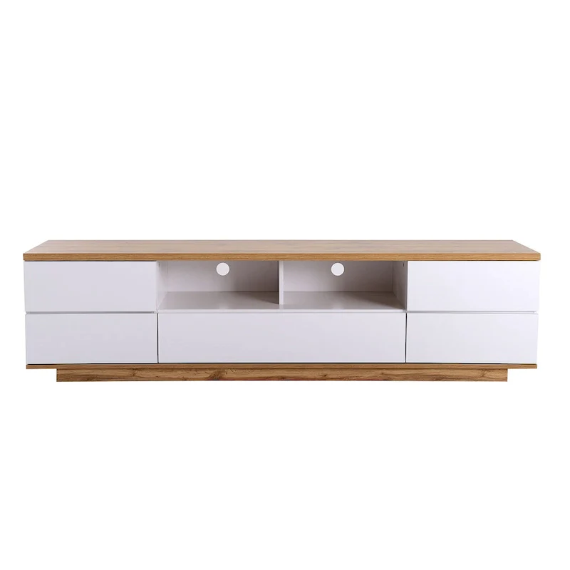White / Natural Modern TV Stand with Push-Open Doors – Minimalist Style, Fits TVs up to 80