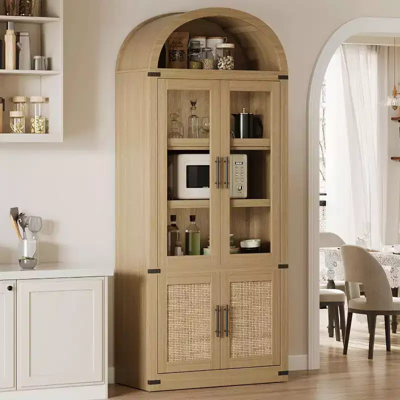 Arched Bookcase with Doors Modern 6-Tier Bookshelf with Storage Wooden Display Cabinet Farmhouse Storage Shelves for Living Room, Kitchen, Office