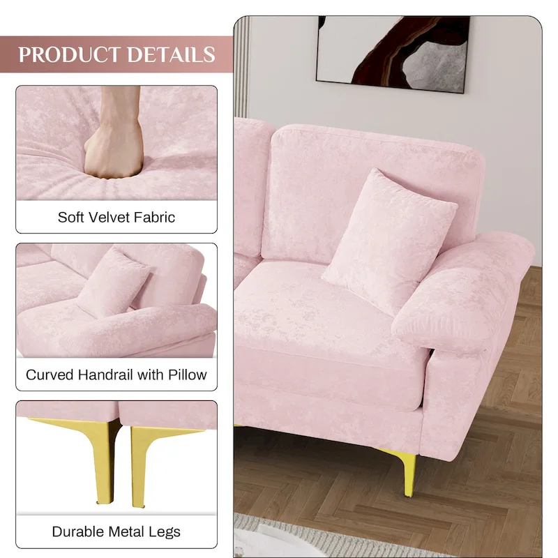 Upholstered Velvet Sectional Sofa with Pillows & Ottoman