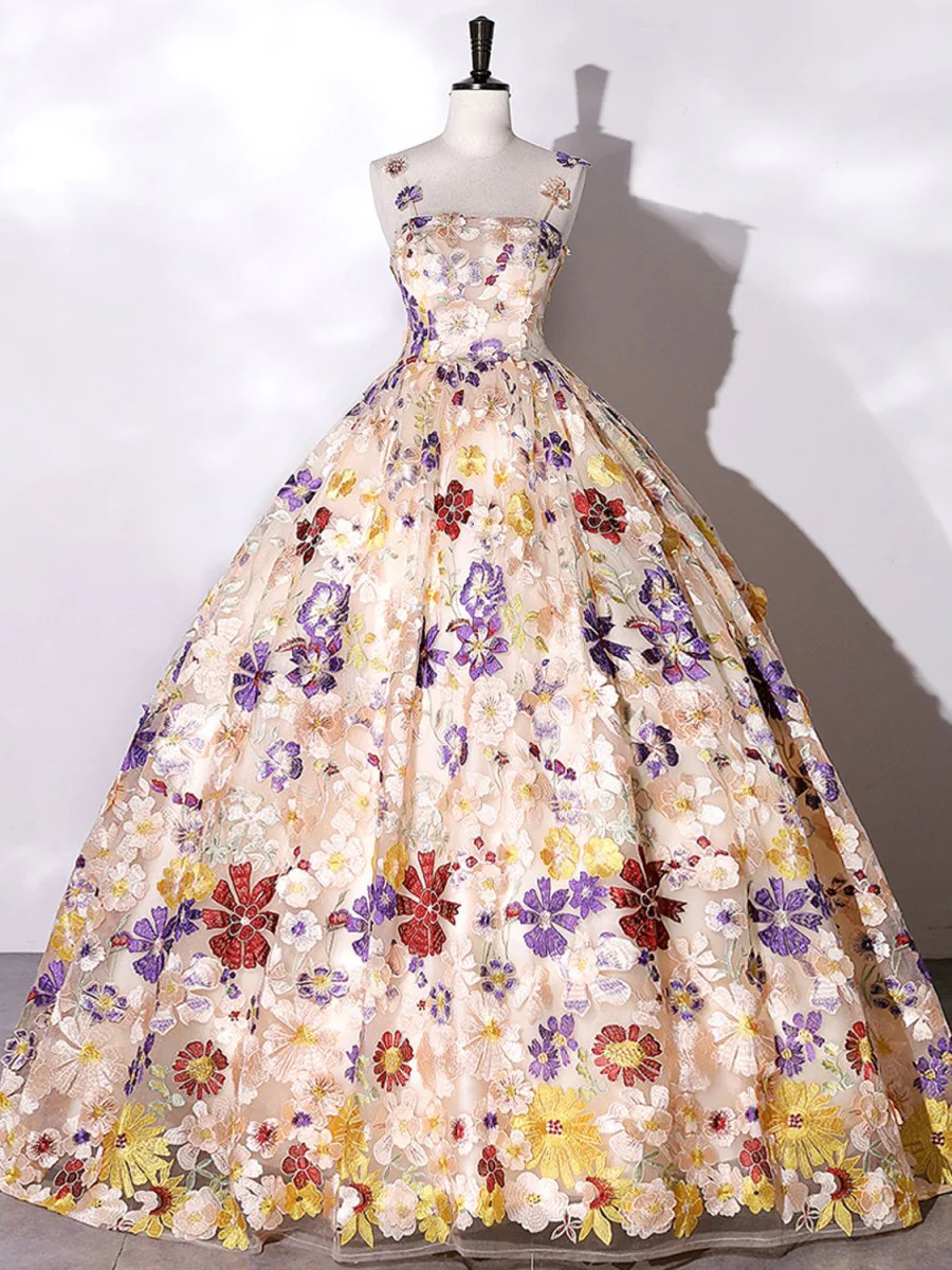 Quinceanera Dress Champagne A-line Flowers Long Prom Dress