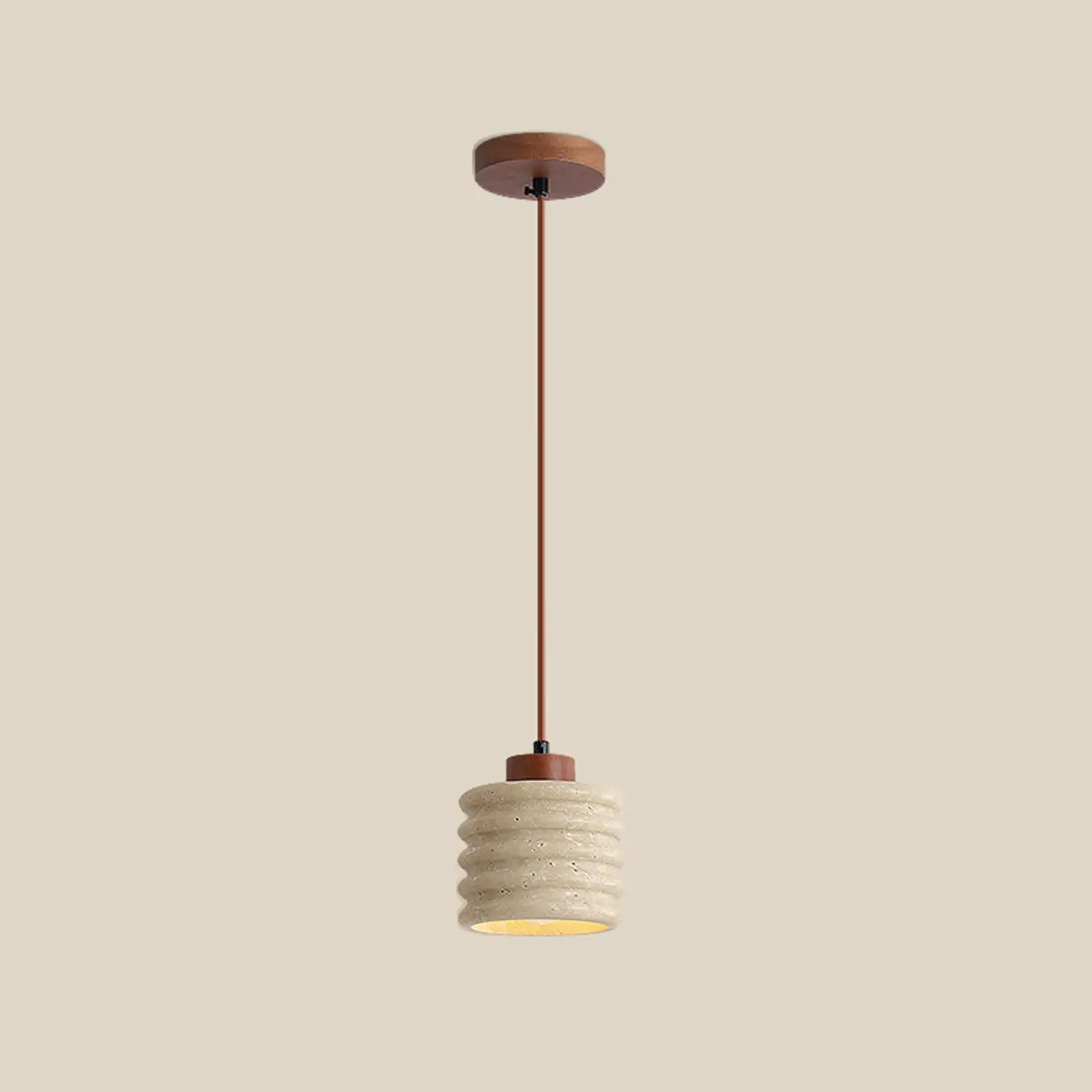 Modern Beige Stone Wood Disc Cylinder Pendant Light