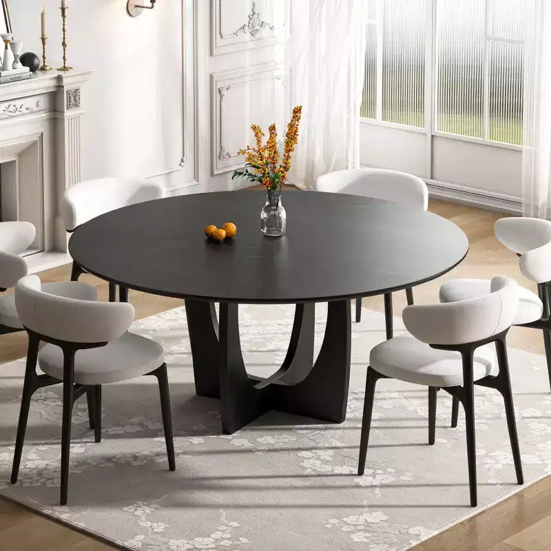 PexFix 59 x 59 Solid Wood Farmhouse Dining Table Round Wood Top with Arched Cross Legs for Modern Dining Rooms & Family Gatherings Black