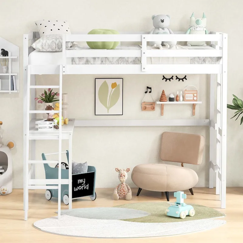 Twin Size Loft Bed w/ Desk & Shelf 2 Ladders & Guard Rail for