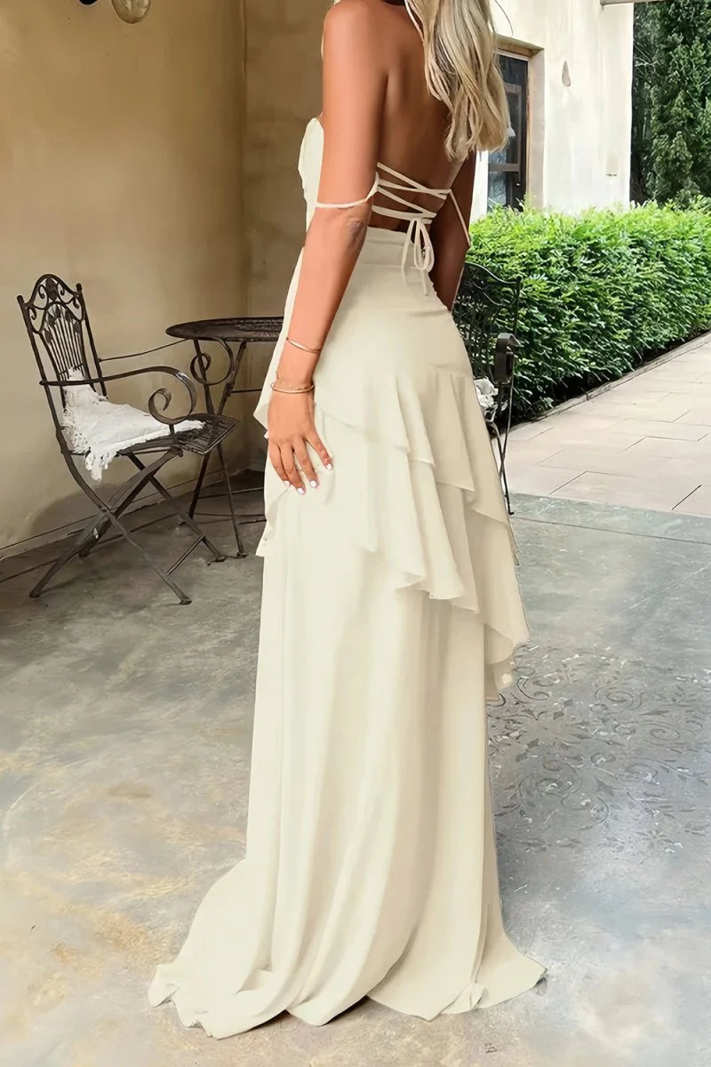 Red - Sheath Spaghetti Straps Chiffon Long Prom Dresses with Ruffles