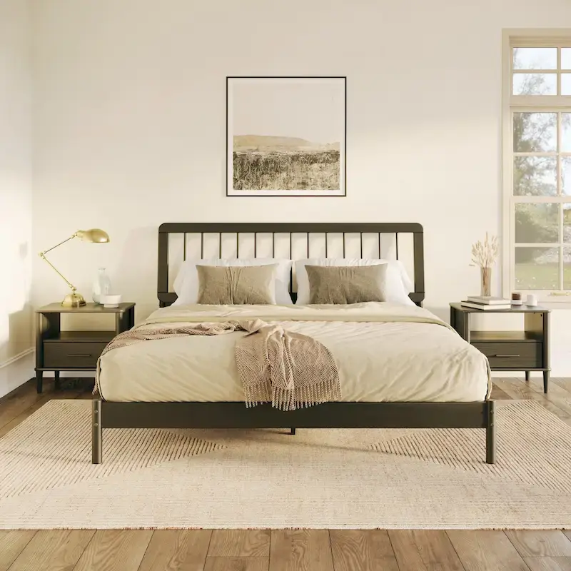 Black / Caramel / Natural Pine Solid Wood King Spindle Bed, Fits 1-2