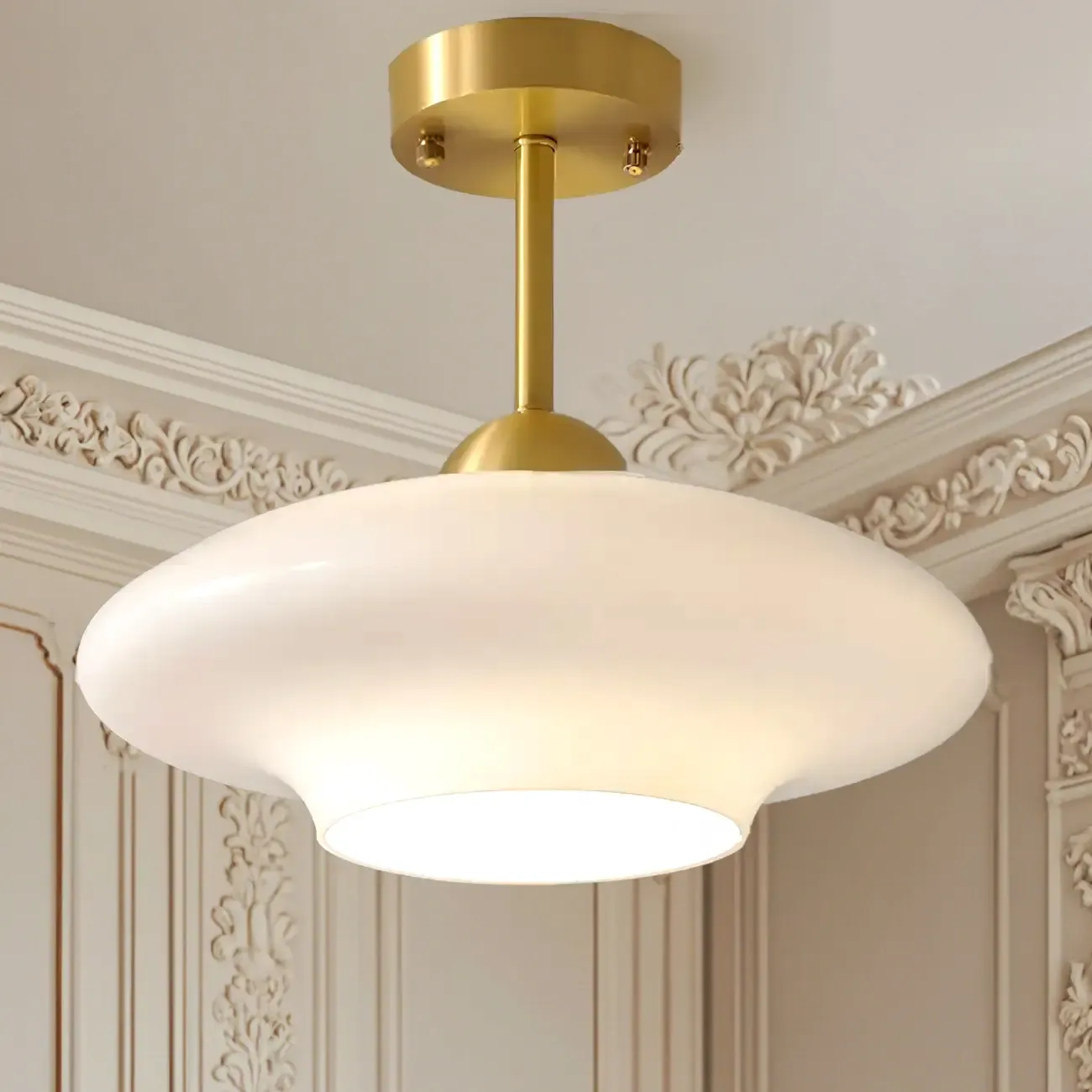 White Round Glass Shade Gold Semi Flush Ceiling Light