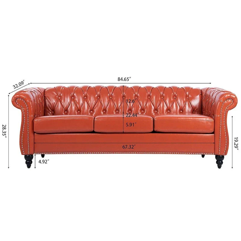 Tufted Sofa - Faux Leather, Rolled Arms Design, Seats 3