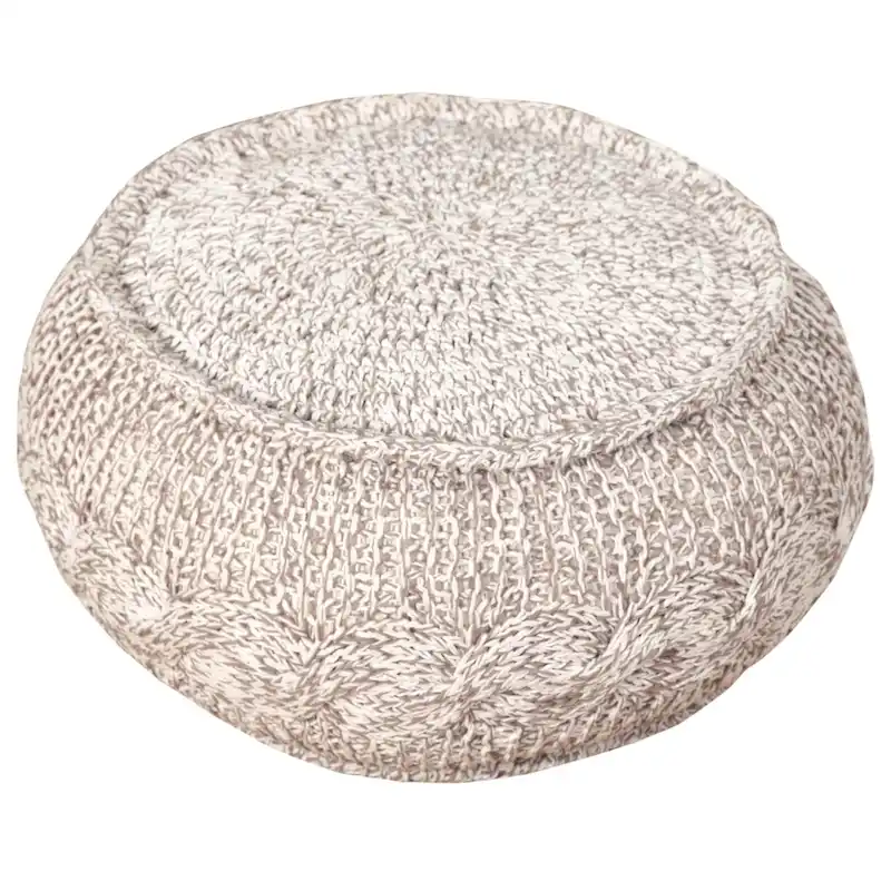 20 Inch Beige Cotton Pouf Ottoman with Geometric Design for Living Room