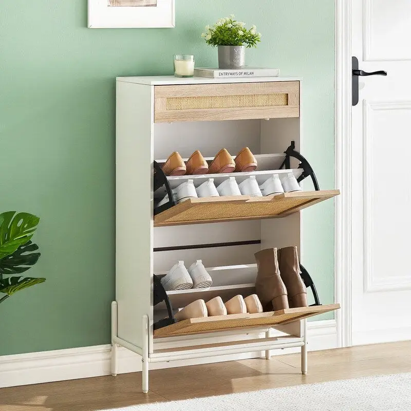 Modern Black Shoe Cabinet with 2 Flip Doors, Top Drawer & Rattan Design – Entryway Storage