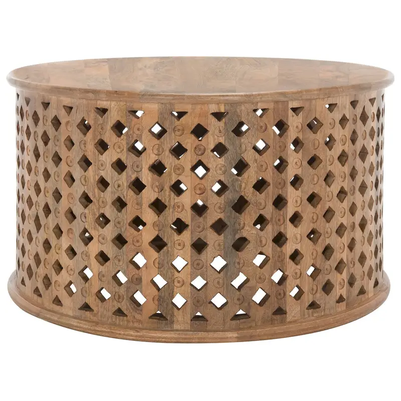 Round Mango Wood Coffee Table with Lattice Base