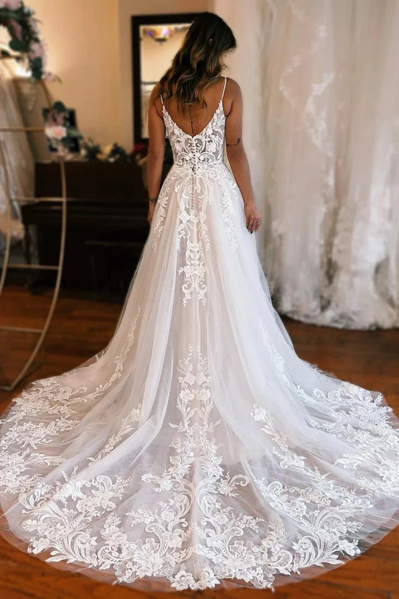 A-Line Off The Shoulder Wedding Dress With Appliques And Slit